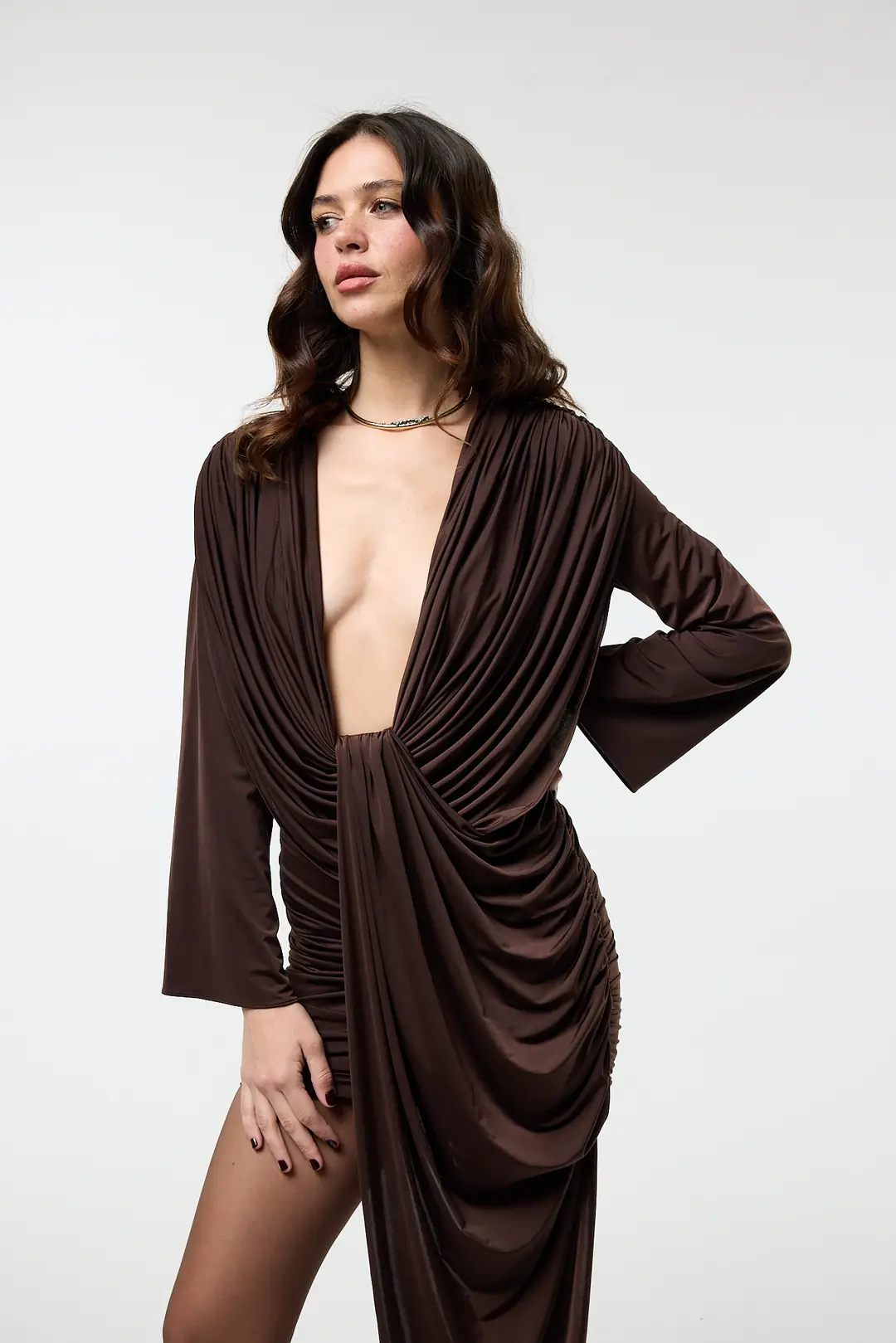 Long Drape Muse Dress - Acı Kahve